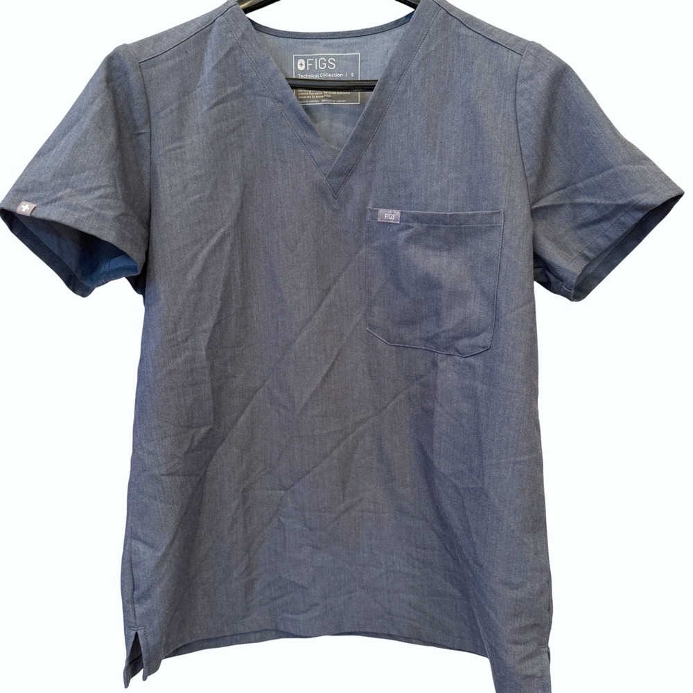 FIGS Technical Collection Scrub Top Women's Gray Blue V-Neck Short Sleeve Size S